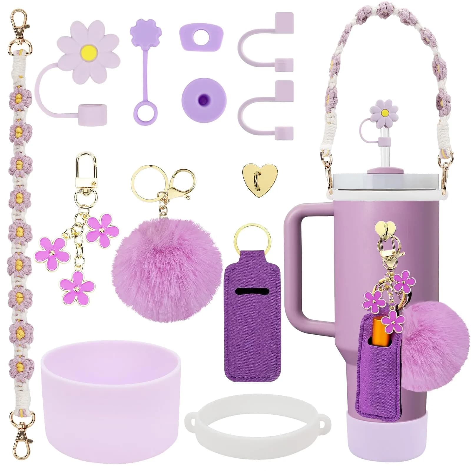 3tyto 13 Pcs Stanley Cup Accessories Set Pink | Bohemian Woven Handle Strap & Silicone Boot for 30oz & 40oz Tumblers — Purple