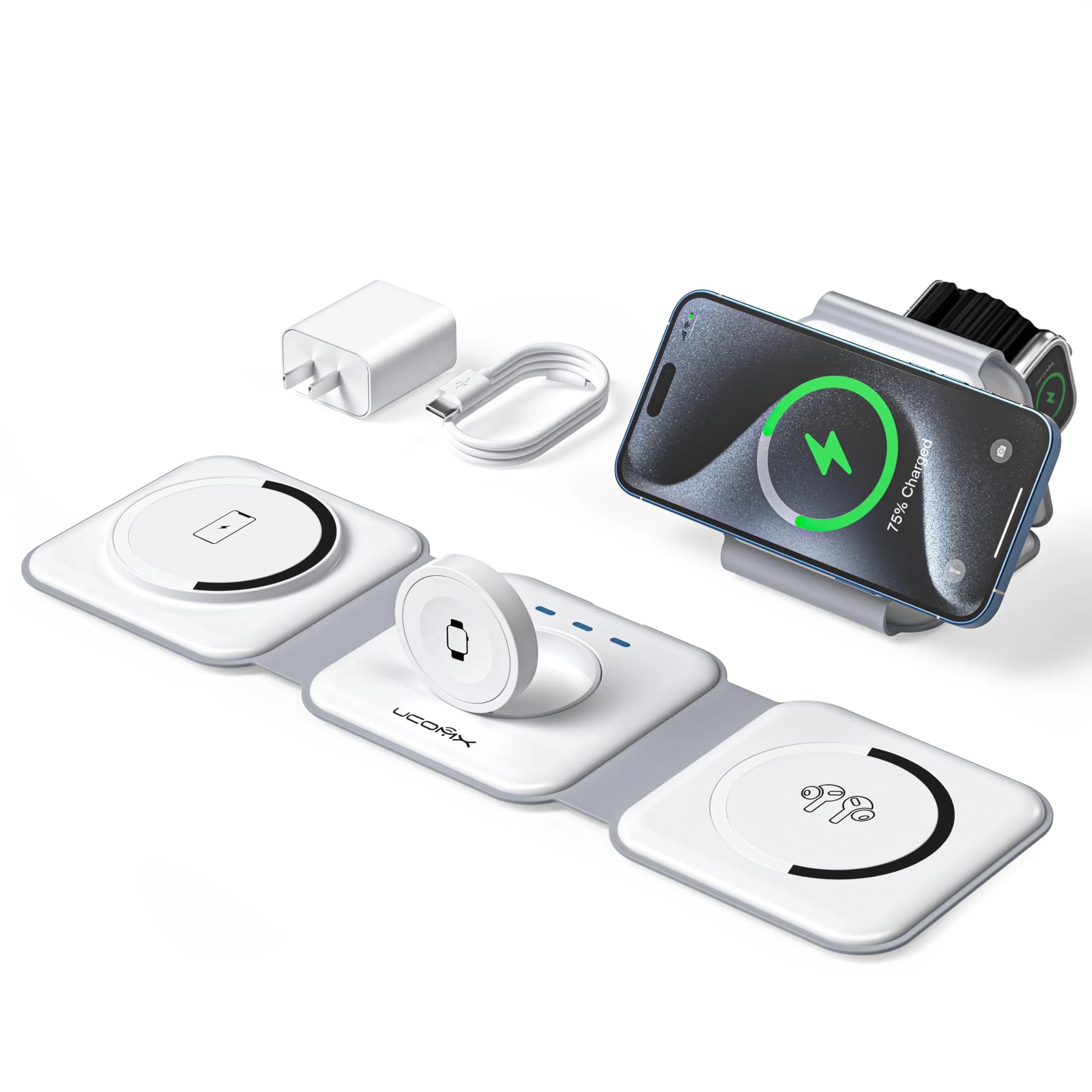 UCOMX 3 in 1 Wireless Charging Station for Apple Devices | Foldable Travel Nano Charger — White