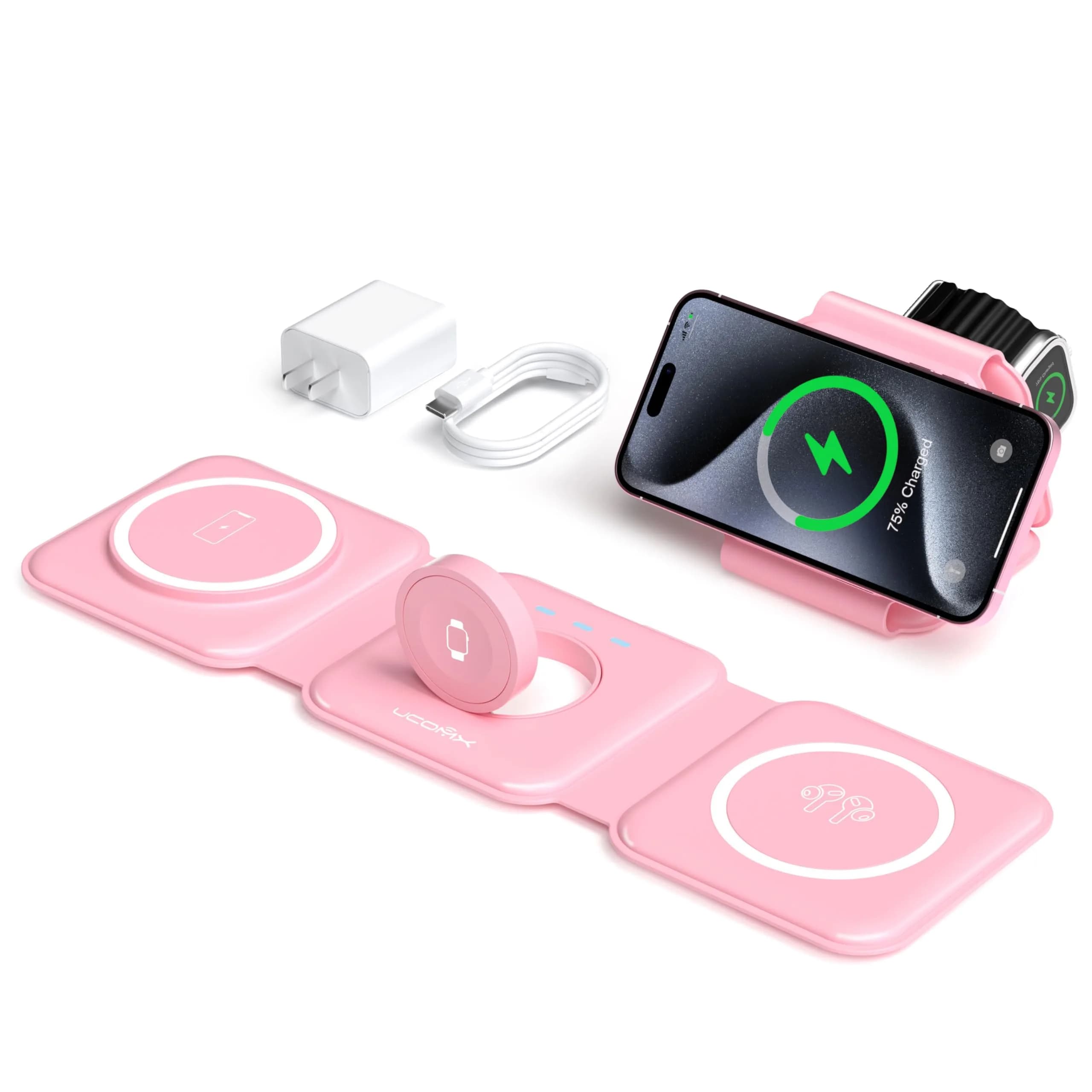 UCOMX 3 in 1 Wireless Charging Station for Apple Devices | Foldable Travel Nano Charger — Pink