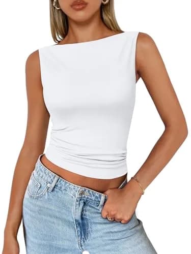 Trendy Queen Women's Boat Neck Tank Top White S | Breathable Nylon-Spandex Blend for Summer Outfits thumbnail 1