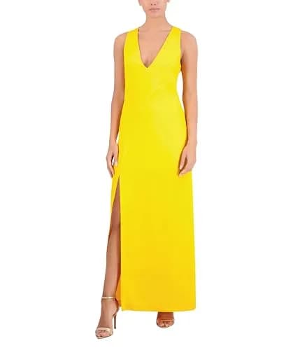 BCBG New York Women's Sleeveless V Neck Maxi Dress with Side Slit, Golden Rod, 2 thumbnail 1