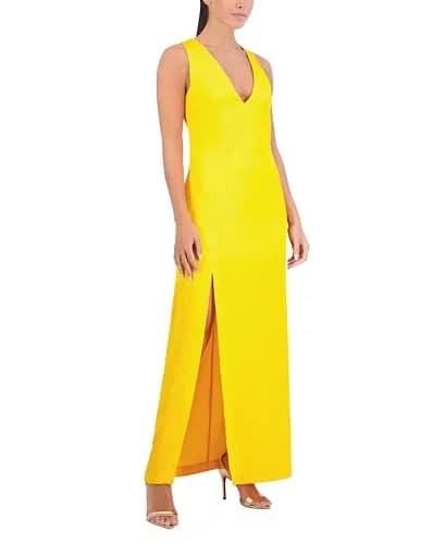 BCBG New York Women's Sleeveless V Neck Maxi Dress with Side Slit, Golden Rod, 2 thumbnail 2