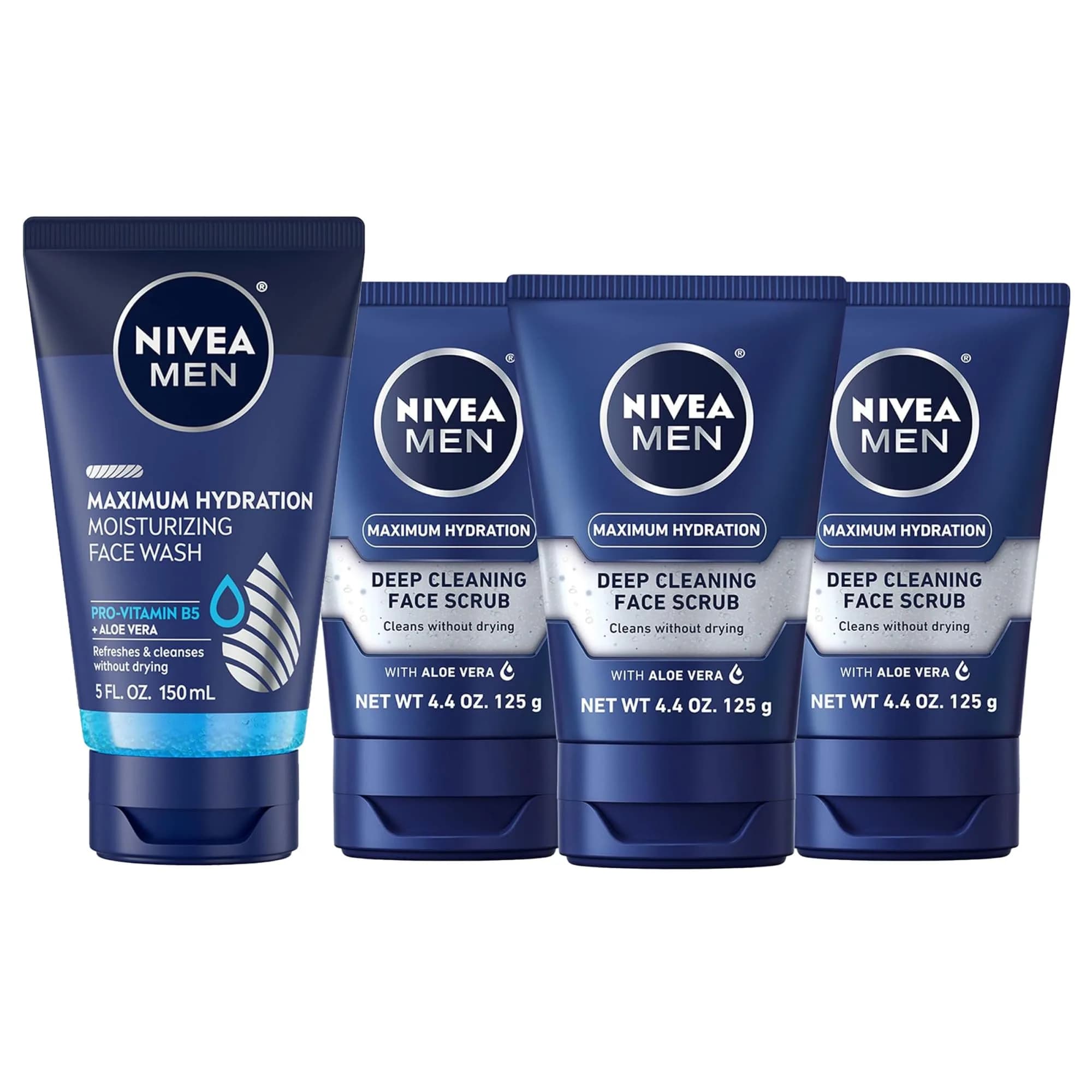 NIVEA MEN Maximum Hydration Face Wash & Scrub Set | 5 Fl Oz Face Wash, 3x4.4 Oz Face Scrub - main product image