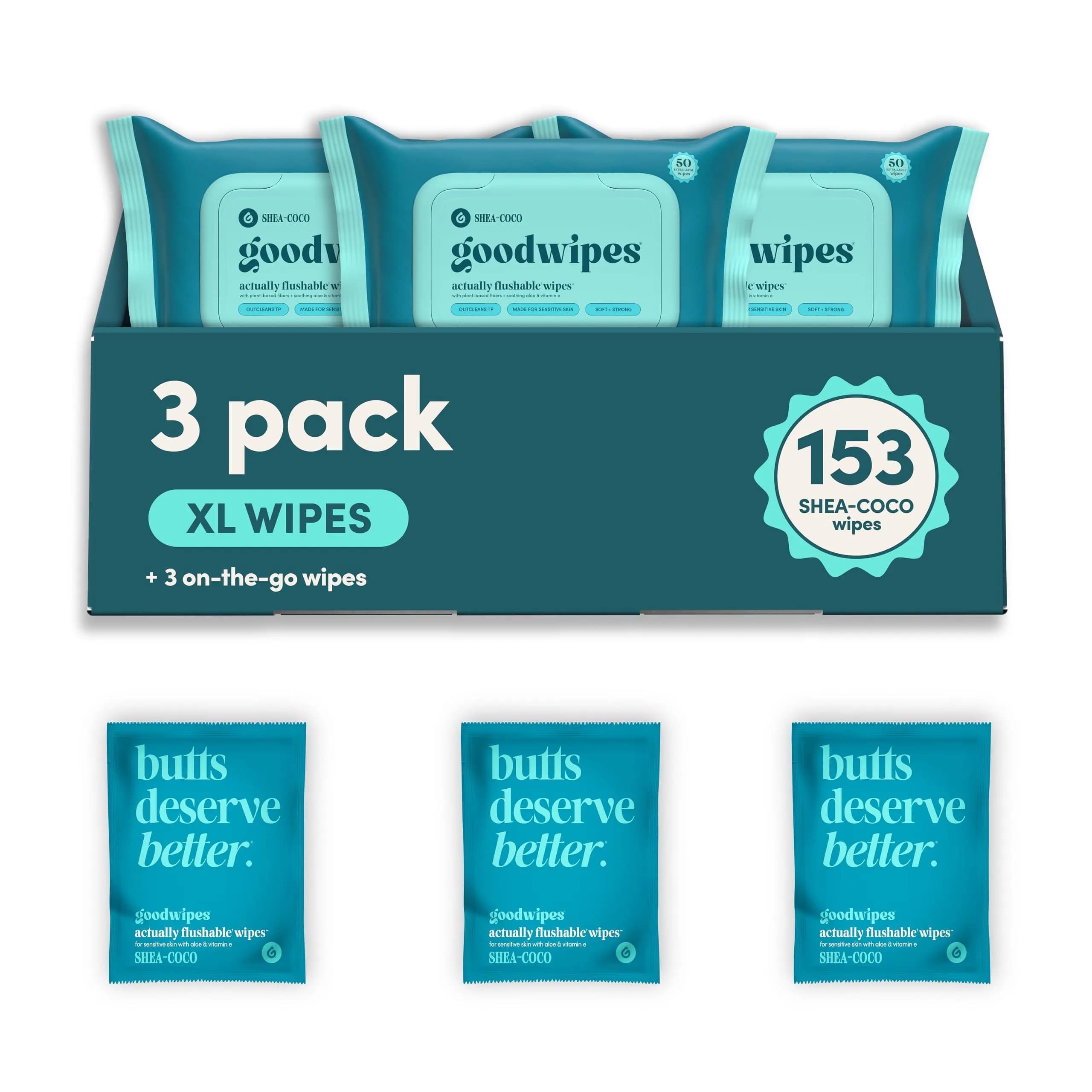 goodwipes Flushable Wipes Shea Coco XL Size | Septic Safe & Plant-Based (153 Count)