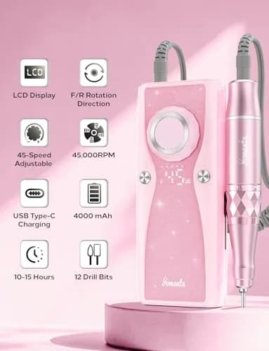 Yomanta Electric Nail Drill Professional Kit 45000 RPM USB Rechargeable Efile Nail File with 12 Bits | Salon & Home Manicure Tool thumbnail 3