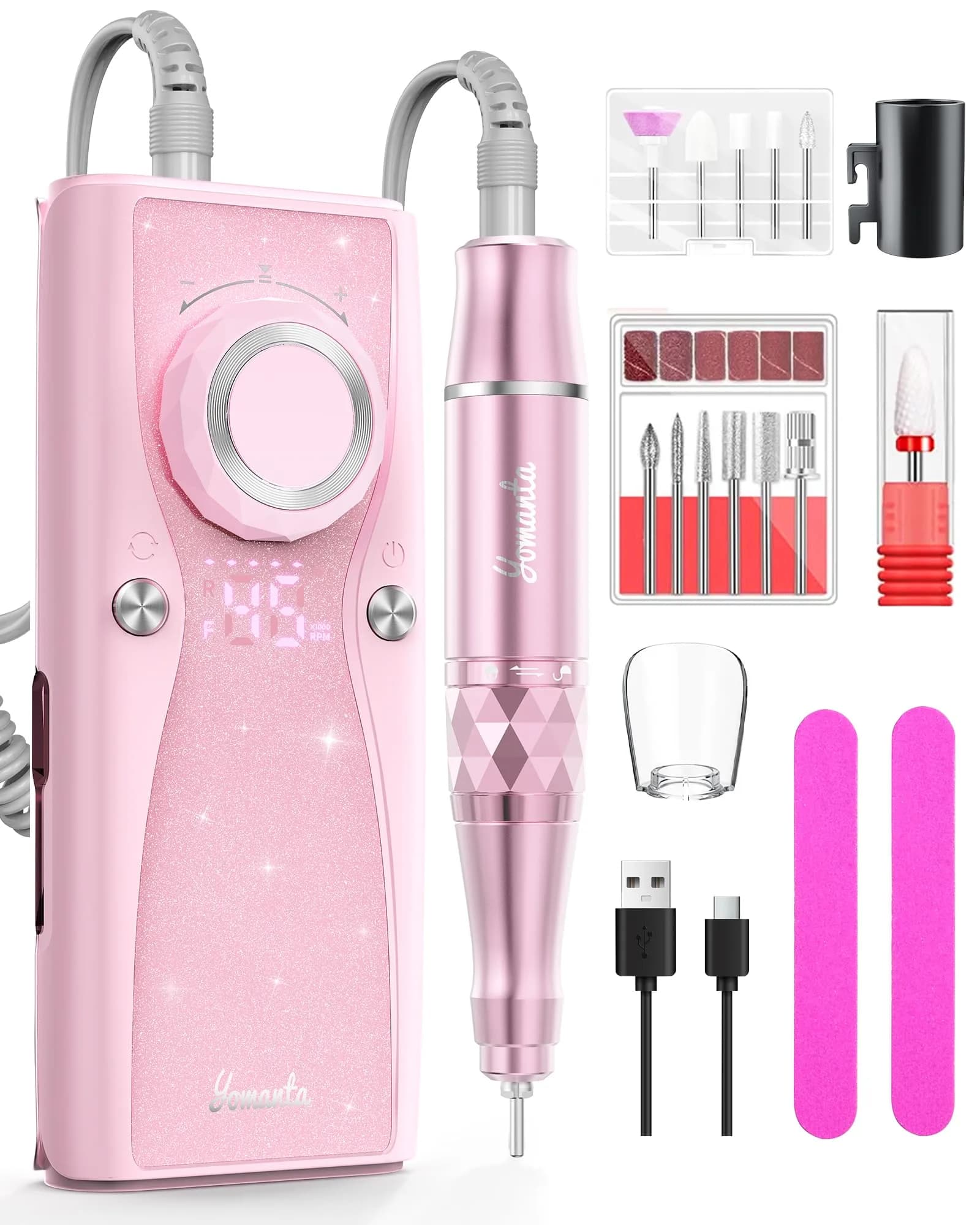 yomanta Professional Electric Nail Drill Kit 45,000 RPM USB Rechargeable Efile Nail File with 12 Bits | Salon & Home Manicure Tool — Black