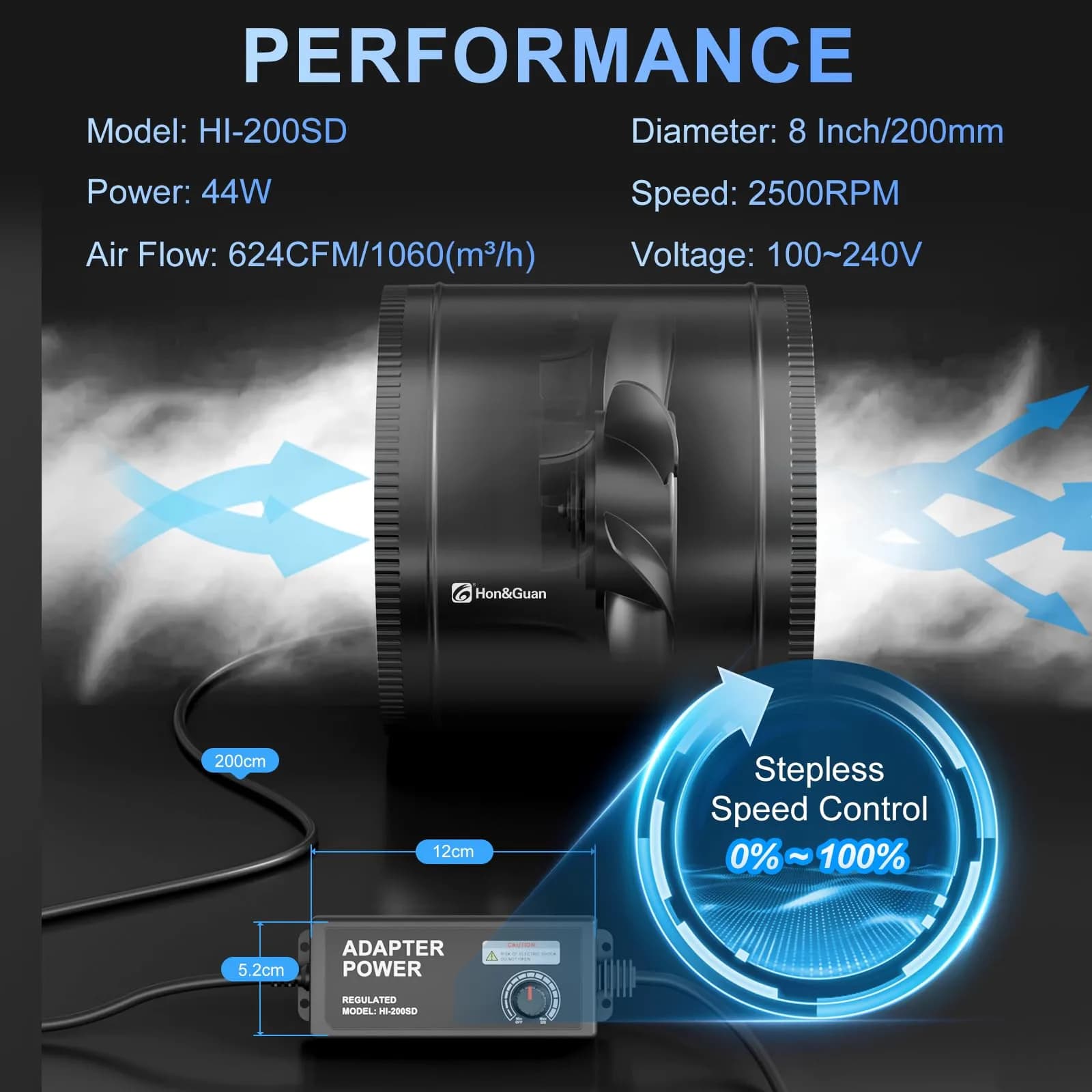 Hon&Guan 8 Inch Inline Booster Duct Fan with Speed Controller | 623 CFM Airflow, 44W Low Power, 45 dBA Noise - view 6