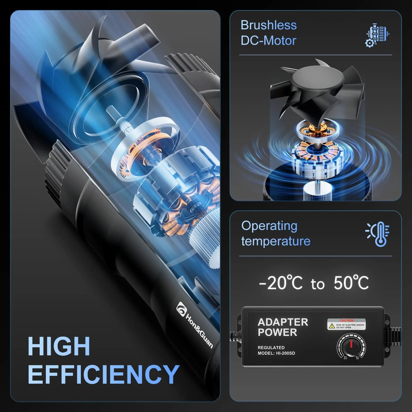 Hon&Guan 8 Inch Inline Booster Duct Fan with Speed Controller | 623 CFM Airflow, 44W Low Power, 45 dBA Noise - view 2