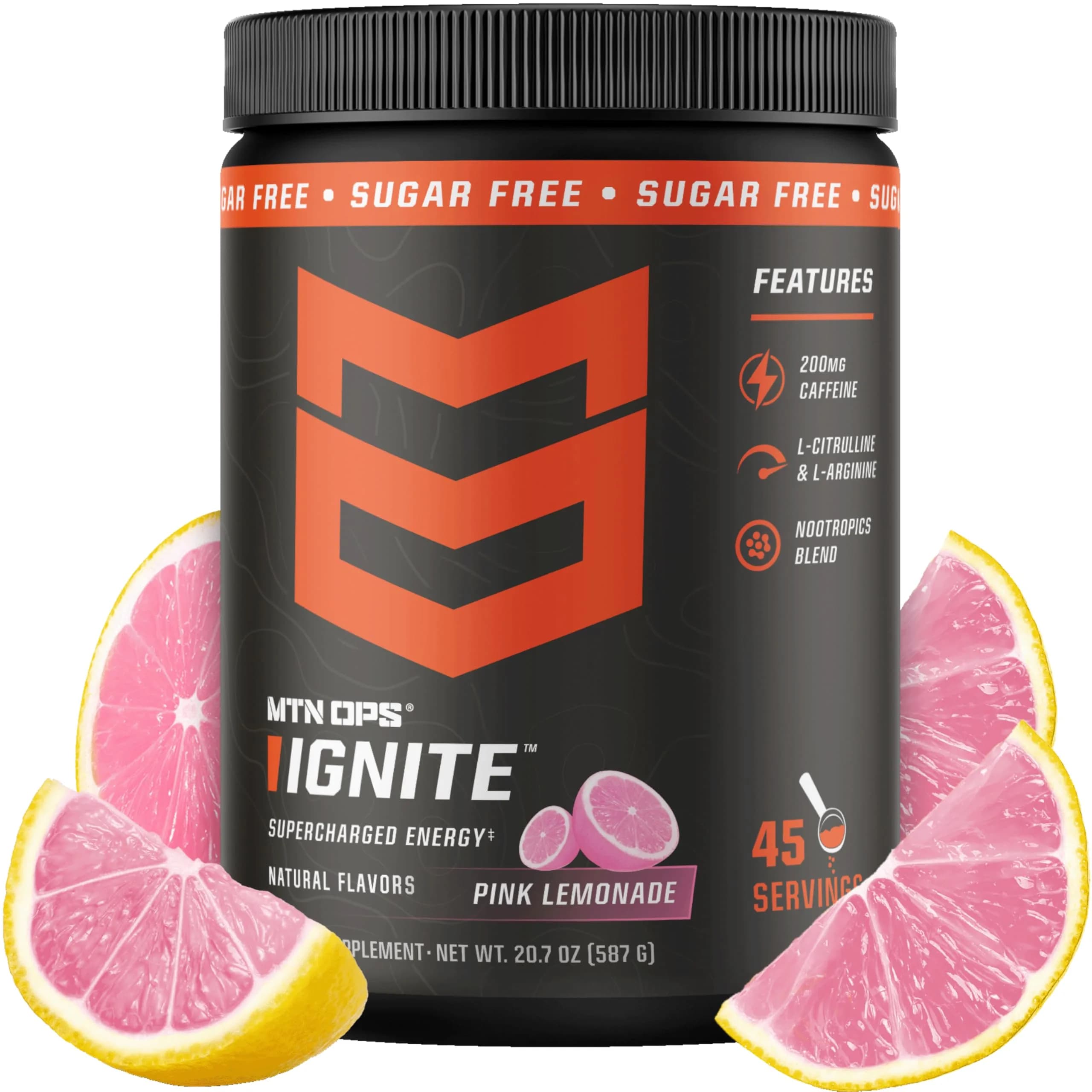 MTN OPS Ignite Energy Powder, Pink Lemonade | Sugar-Free, 45 Servings, Gluten-Free, Caffeine & Nootropic Support