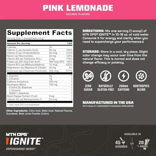 MTN OPS Ignite Energy Powder, Pink Lemonade | Sugar-Free, 45 Servings, Gluten-Free, Caffeine & Nootropic Support thumbnail 2