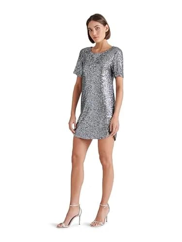 Steve Madden Apparel Marcella Dress, Silver Grey, Small | Sequin T-Shirt Dress for Casual Wear thumbnail 3