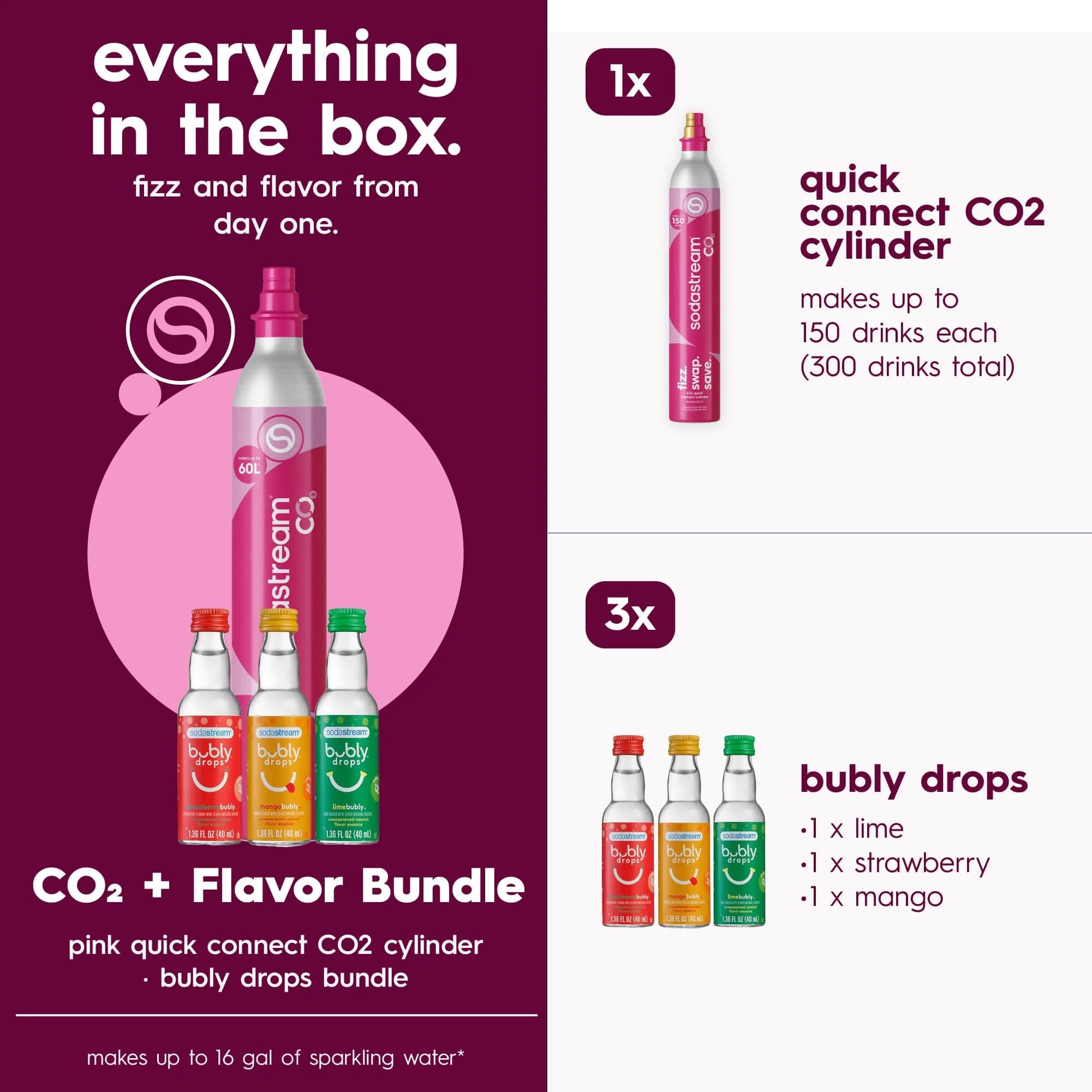 SodaStream Pink Quick Connect CO2 Cylinder & bubly Drops Bundle | Makes 60L Sparkling Water | Fits TERRA, ART, ENSO Machines - view 5