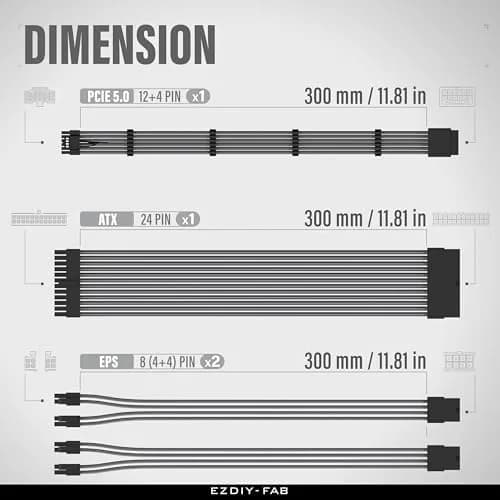 EZDIY-FAB 12VHPWR PSU Extension Kit 300mm (11.8in) | 1x24-Pin ATX, 2x8-Pin EPS, 1x12+4 Pin GPU, Carbon Sleeved thumbnail 2