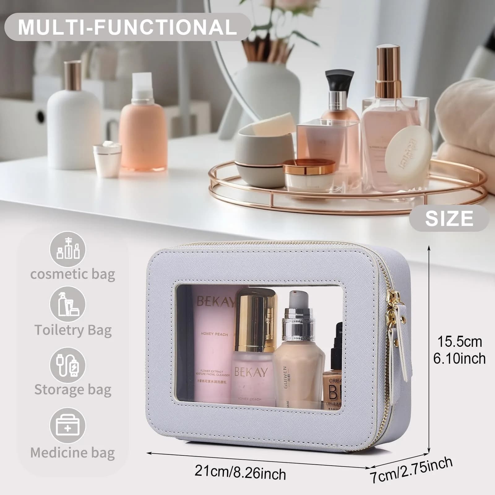 Pinkmik Medium D/Gray Clear Makeup Bag (Cosmetic Case) - TSA Approved Travel Organizer - view 3