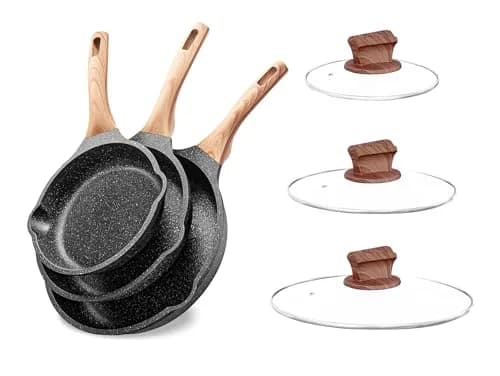 YIIFEEO Non Stick Frying Pan Set with Lids, Granite Skillet Set, 6-Piece (Black) thumbnail 1