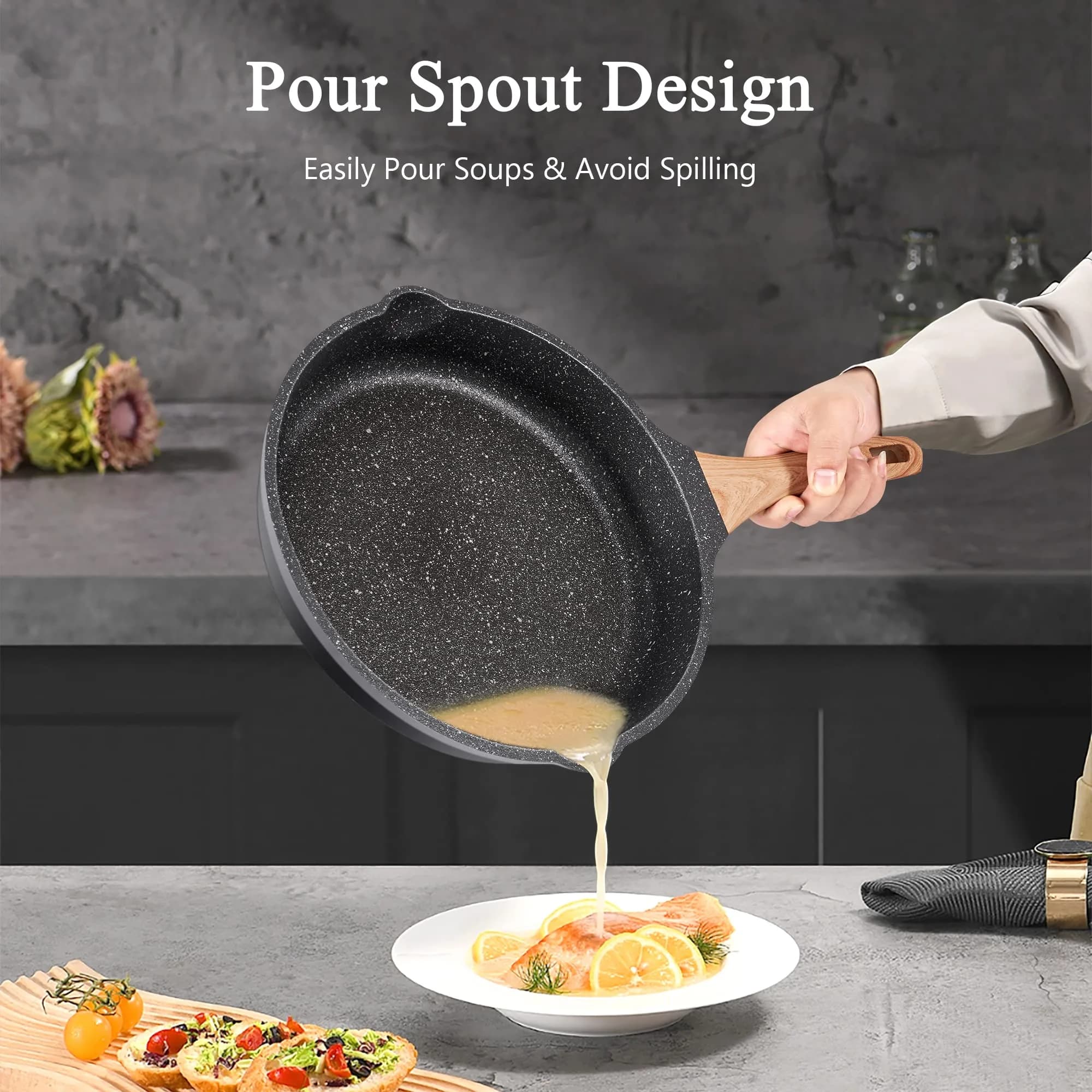 YIIFEEO Non Stick Frying Pan Set with Lids, Granite Skillet Set, 6-Piece (Black) - view 4