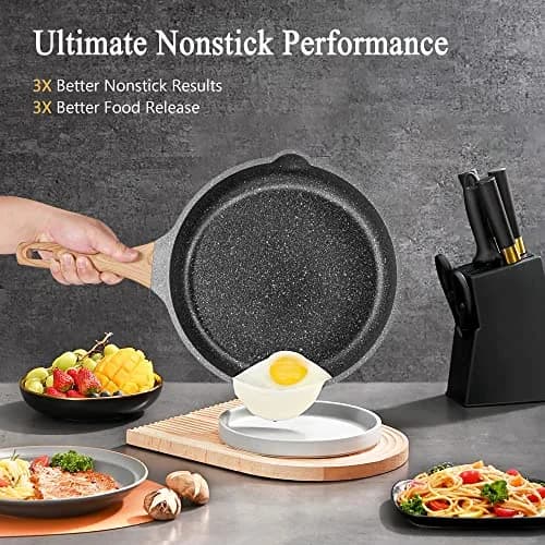 YIIFEEO Non Stick Frying Pan Set with Lids, Granite Skillet Set, 6-Piece (Black) thumbnail 5