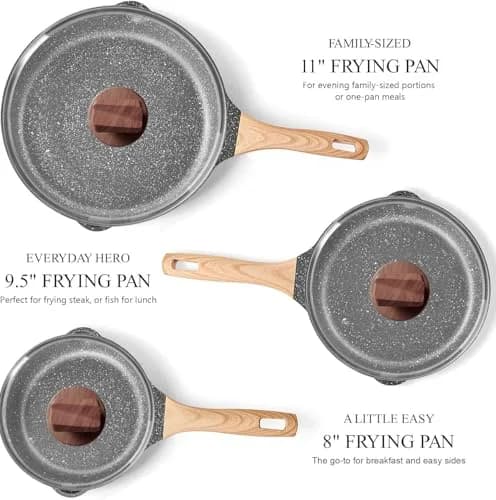 YIIFEEO Non Stick Frying Pan Set with Lids, Granite Skillet Set, 6-Piece (Black) thumbnail 2