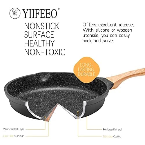 YIIFEEO Non Stick Frying Pan Set with Lids, Granite Skillet Set, 6-Piece (Black) thumbnail 3