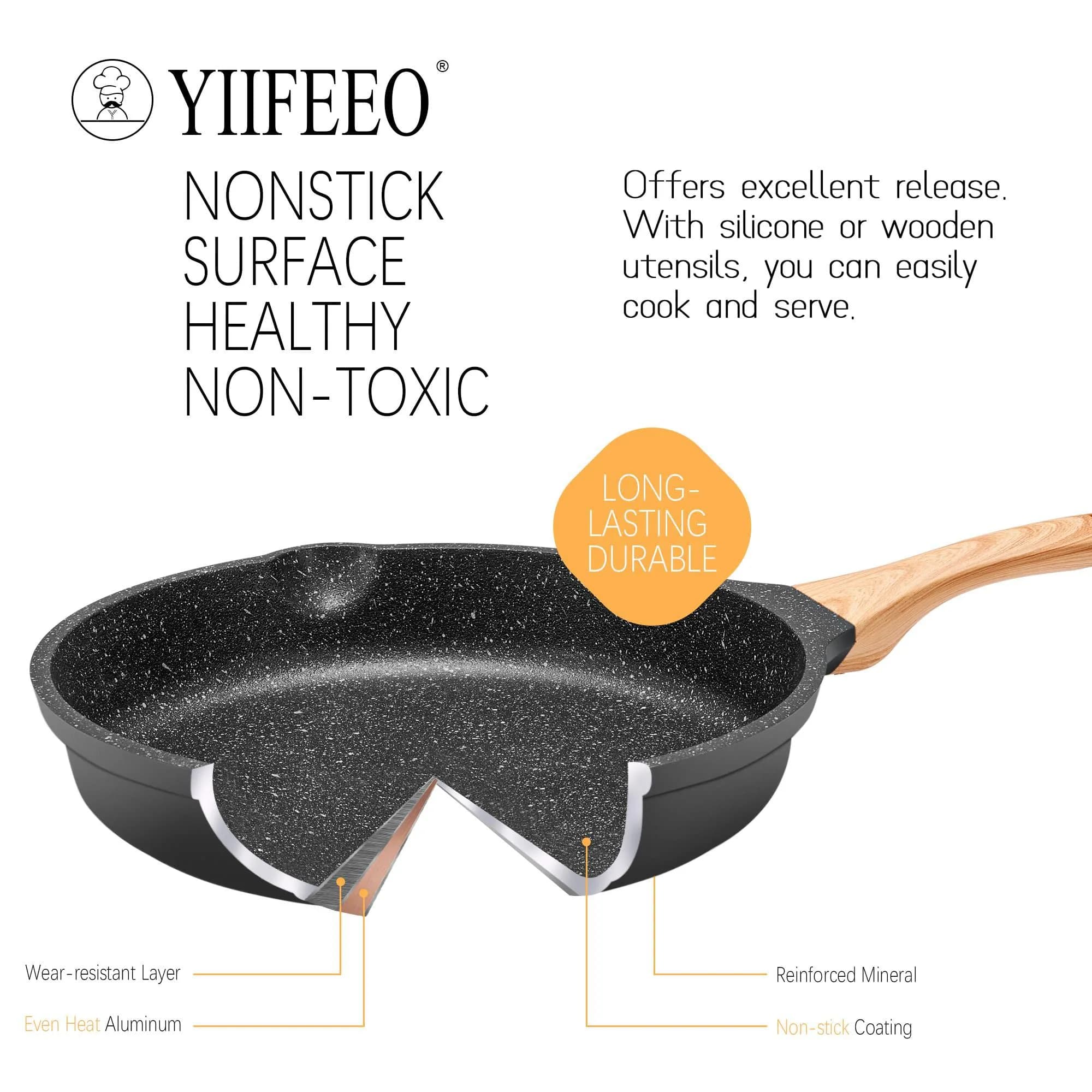 YIIFEEO Non Stick Frying Pan Set with Lids, Granite Skillet Set, 6-Piece (Black) - view 3