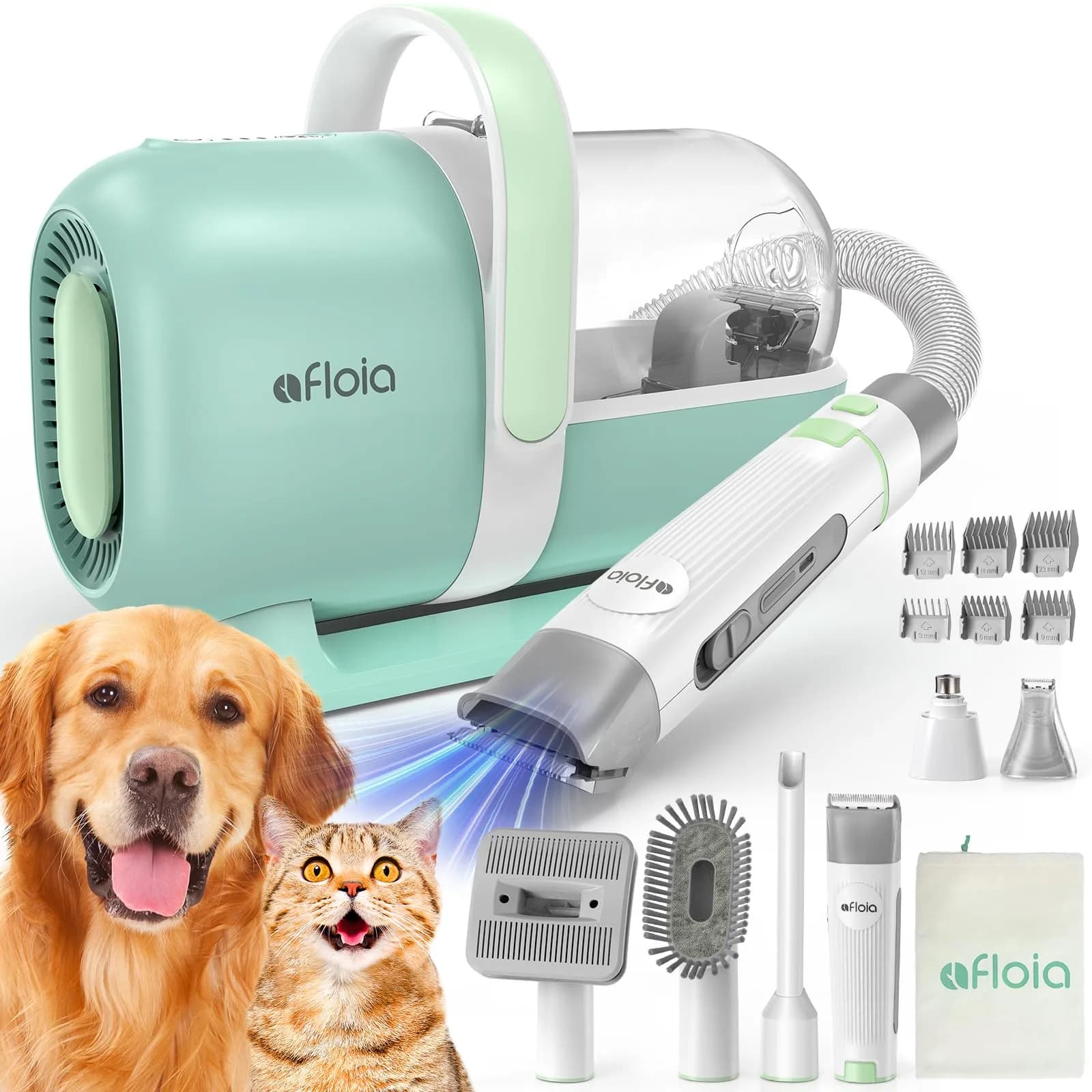 Afloia Pet Grooming Kit - 6-in-1 Dog & Cat Grooming Vacuum & Clippers, Green | All-in-One Home Pet Care