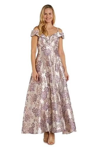 NIGHTWAY Long Off-The-Shoulder Metallic Floral Brocade Gown | Elegant Evening Dress for Women (70-120c) thumbnail 1