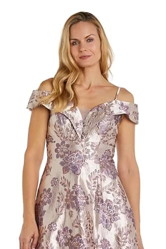 NIGHTWAY Long Off-The-Shoulder Metallic Floral Brocade Gown | Elegant Evening Dress for Women (70-120c) thumbnail 2