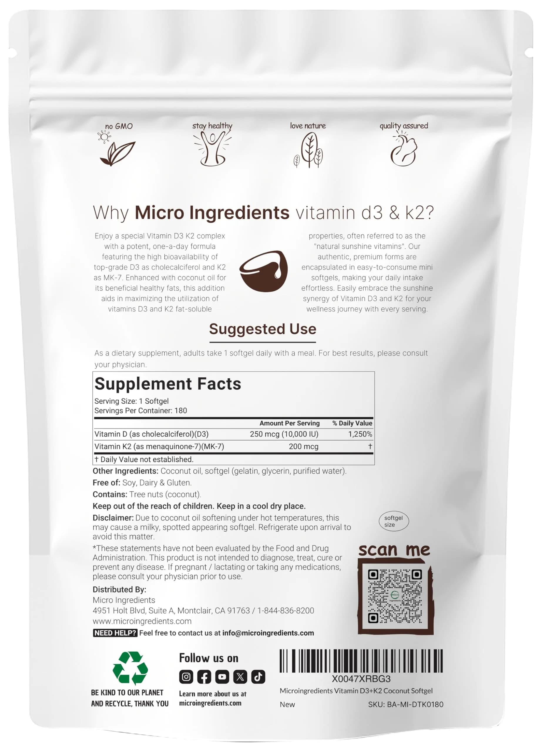 Micro Ingredients Vitamin D3 10,000 IU + K2 MK-7 200 mcg Softgels | Gluten-Free Non-GMO Vitamin - view 2