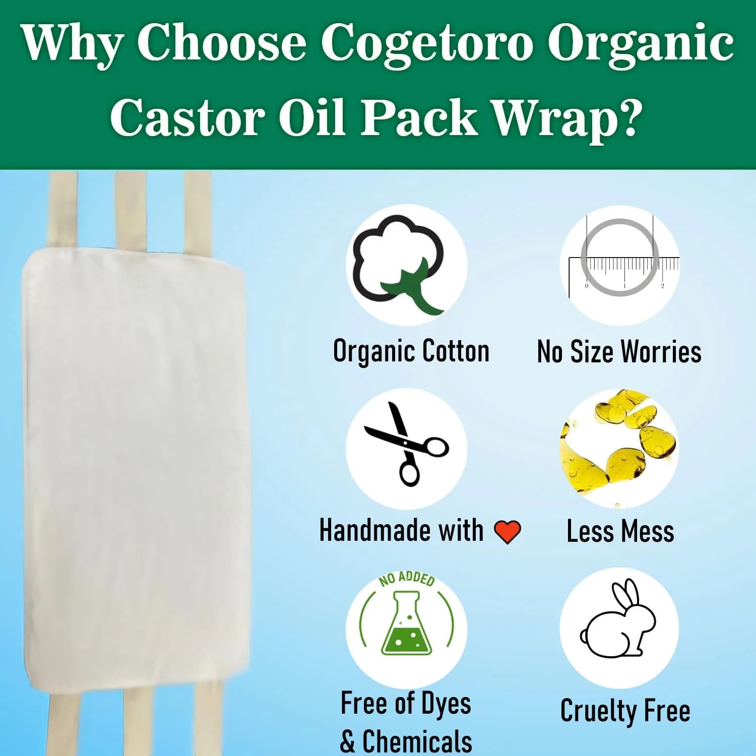Cogetoro Organic Castor Oil Pack Wrap with 6 Adjustable Straps | Reusable Cotton Compress for Liver Detox & Belly - view 3
