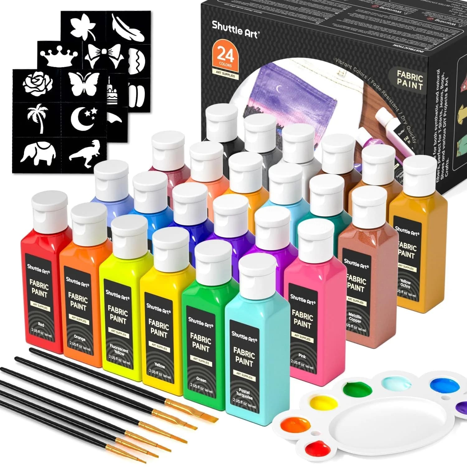 Shuttle Art Fabric Paint 24 Colors | Permanent & Washable Textile Paint for DIY Crafts