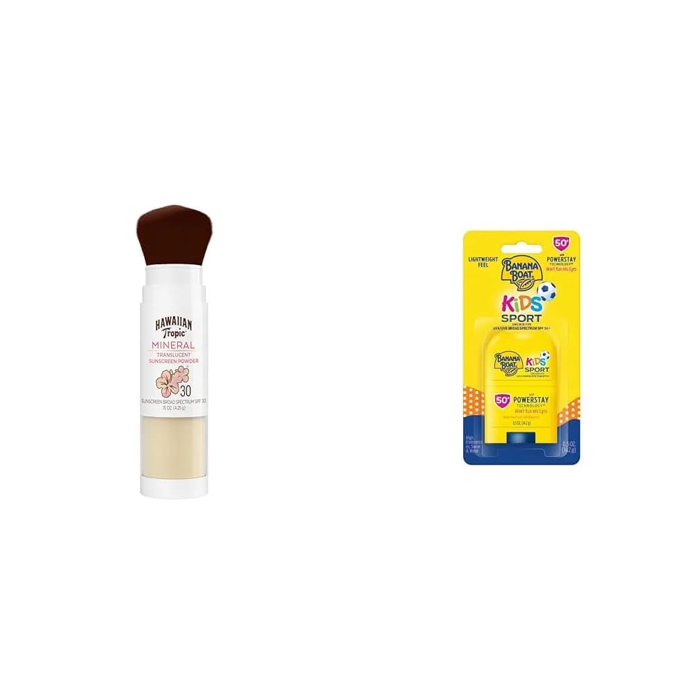 Hawaiian Tropic Mineral Powder Sunscreen Brush SPF 30 & Banana Boat Kids Sport Sunscreen Stick SPF 50 Bundle, 0.15oz + 0.5oz | Broad Spectrum UVA/UVB Protection - main product image