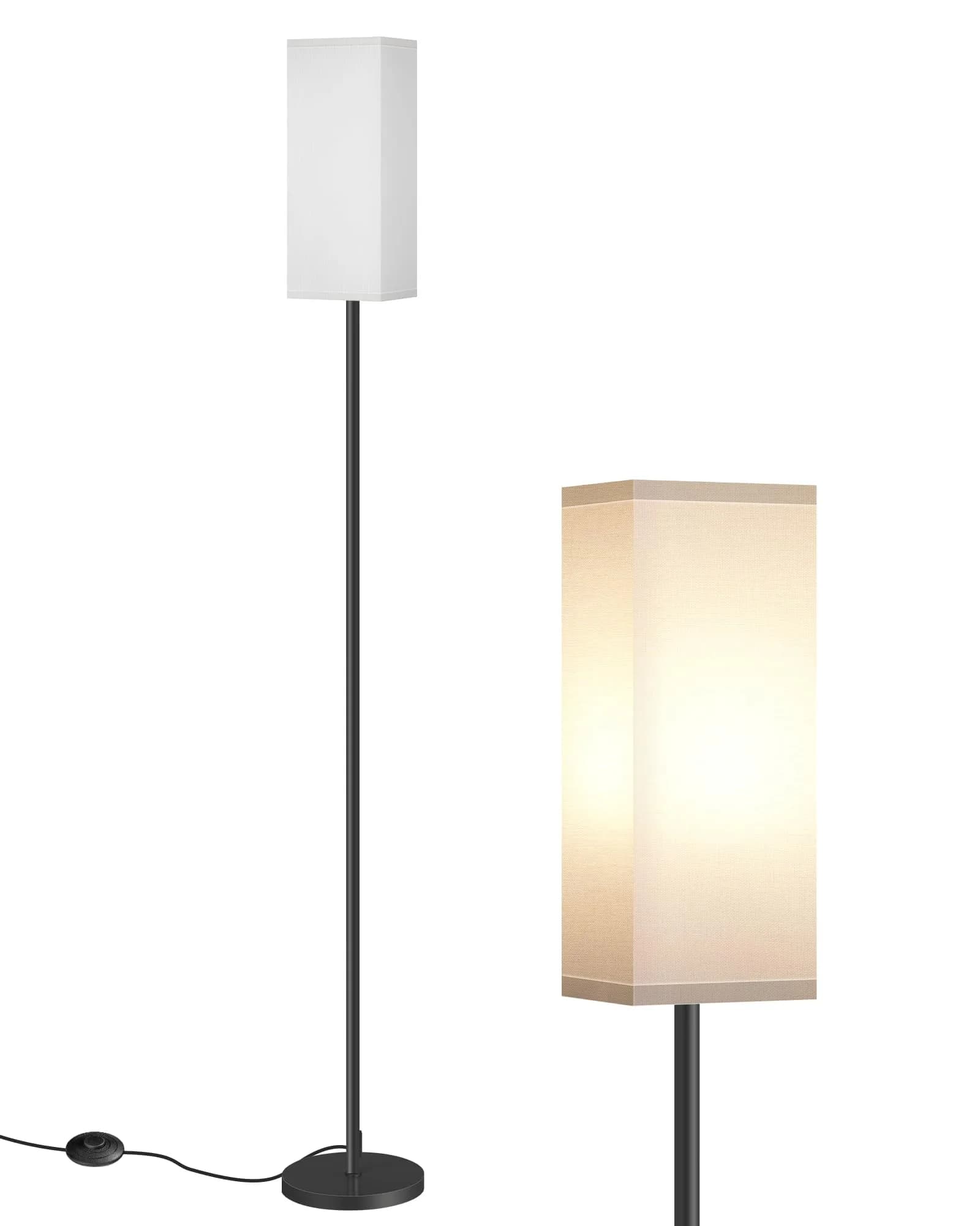 GOEBLESON 64.6" Floor Lamp, Modern Standing Lamp with Foot Switch, Minimalist Linen Shade, Black and Beige, for Living Room & Bedroom — White + Black