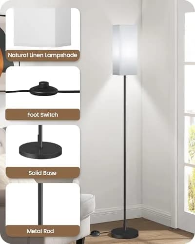 GOEBLESON Floor Lamp, Modern Standing Lamp Shade, Minimalist Freestanding Lamp, 7.9"L x 7.9"W x 64.6"H, Black & White thumbnail 2