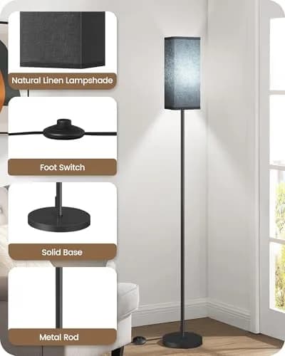 GOEBLESON Floor Lamp, Modern Standing Lamp Shade, 7.9"L x 7.9"W x 64.6"H, Black | Minimalist Living Room Light thumbnail 7