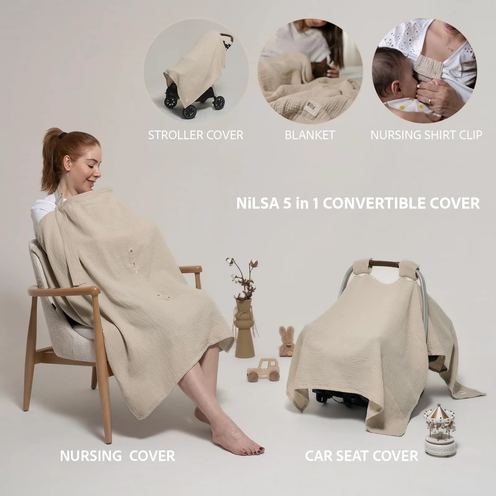 Nilsa Blush Apron Style 5-in-1 Muslin Nursing Cover 117cm x 91cm | Breathable Cotton Privacy - view 2