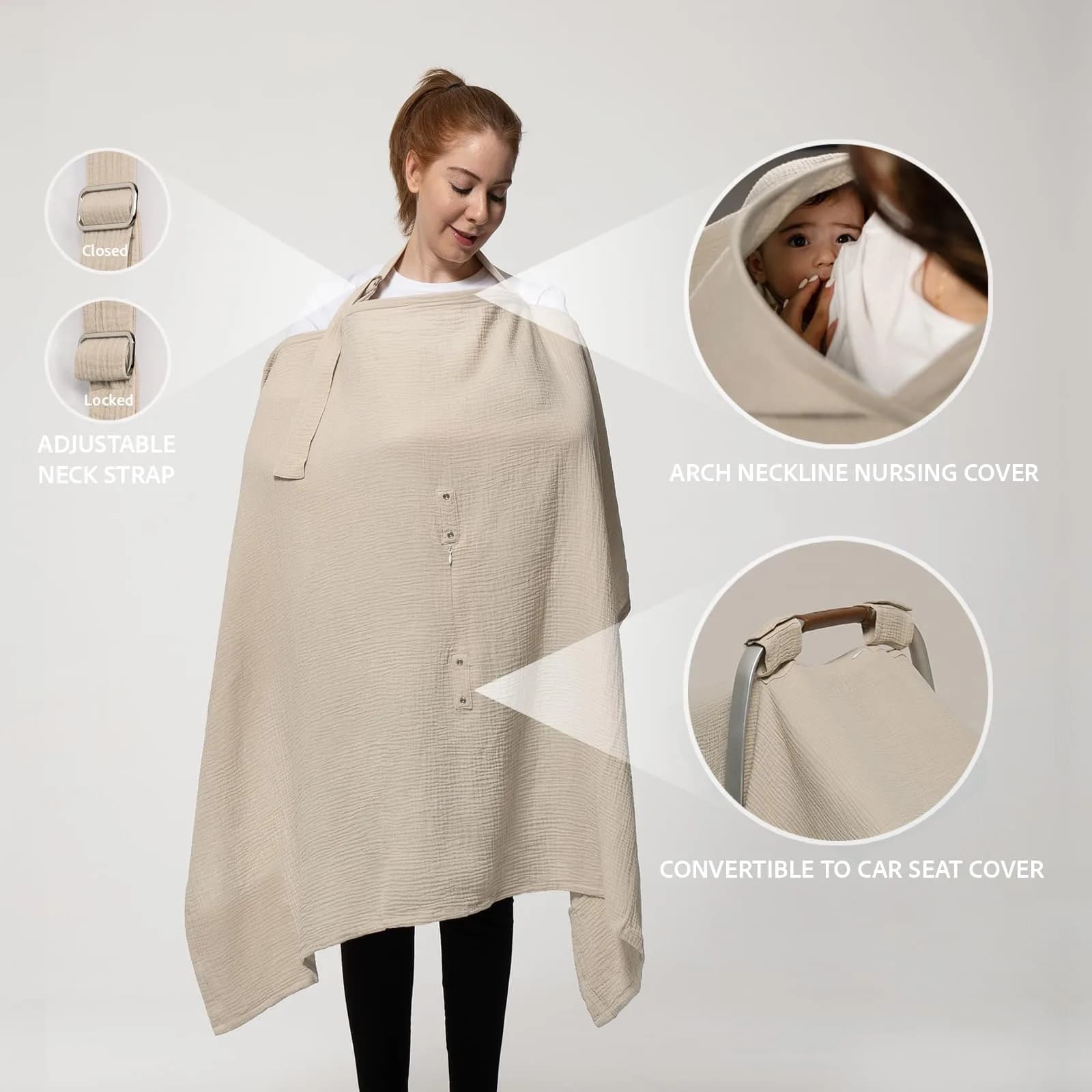Nilsa Blush Apron Style 5-in-1 Muslin Nursing Cover 117cm x 91cm | Breathable Cotton Privacy - view 3
