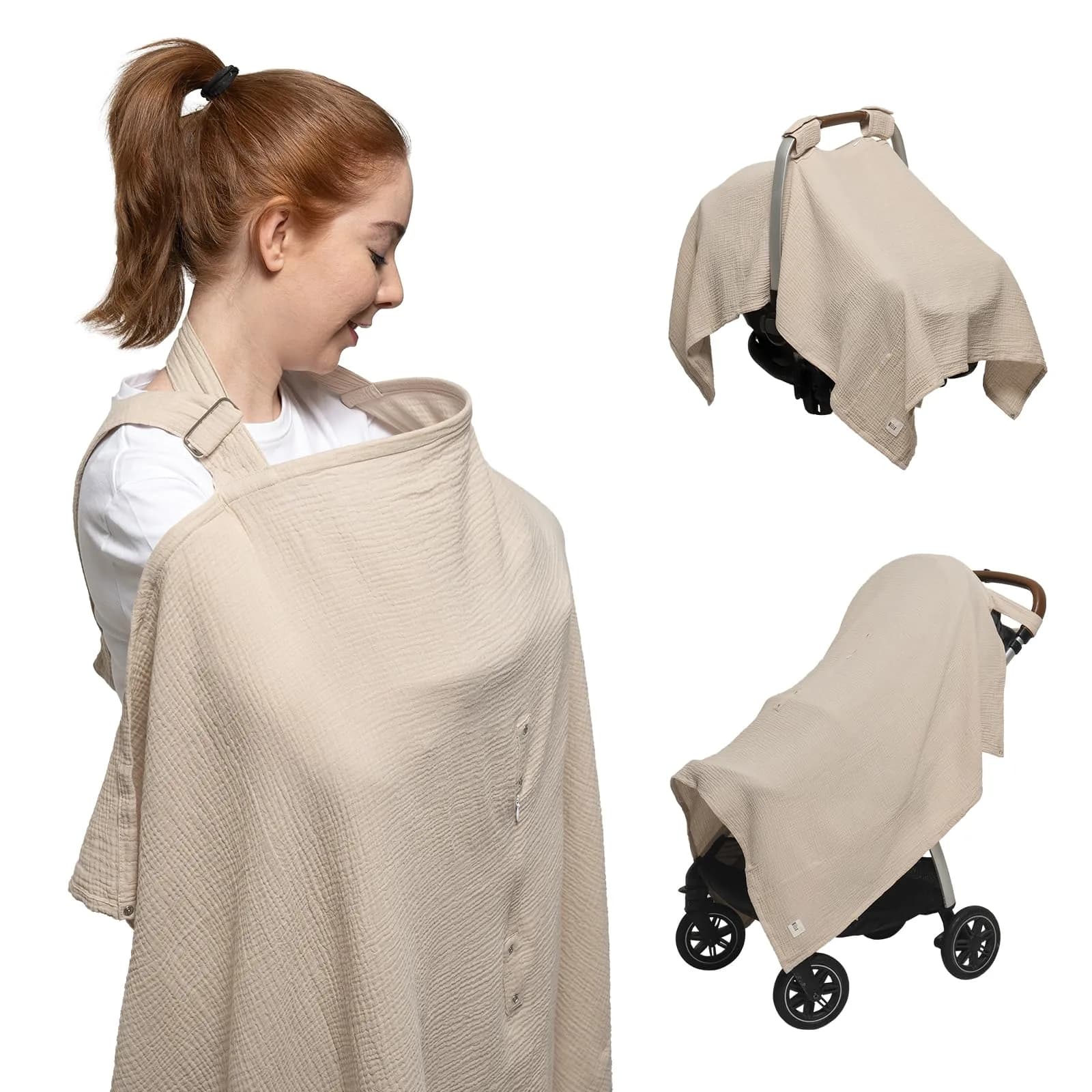 Nilsa 5-in-1 Muslin Nursing Cover 117cm x 91cm | Breathable Cotton Privacy Apron for Breastfeeding & Car Seat — Blush / Apron