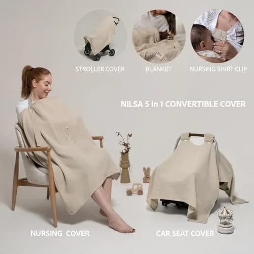 Nilsa 5-in-1 Muslin Nursing Cover 117cm x 91cm | Breathable Cotton Privacy Apron for Breastfeeding & Car Seat thumbnail 2