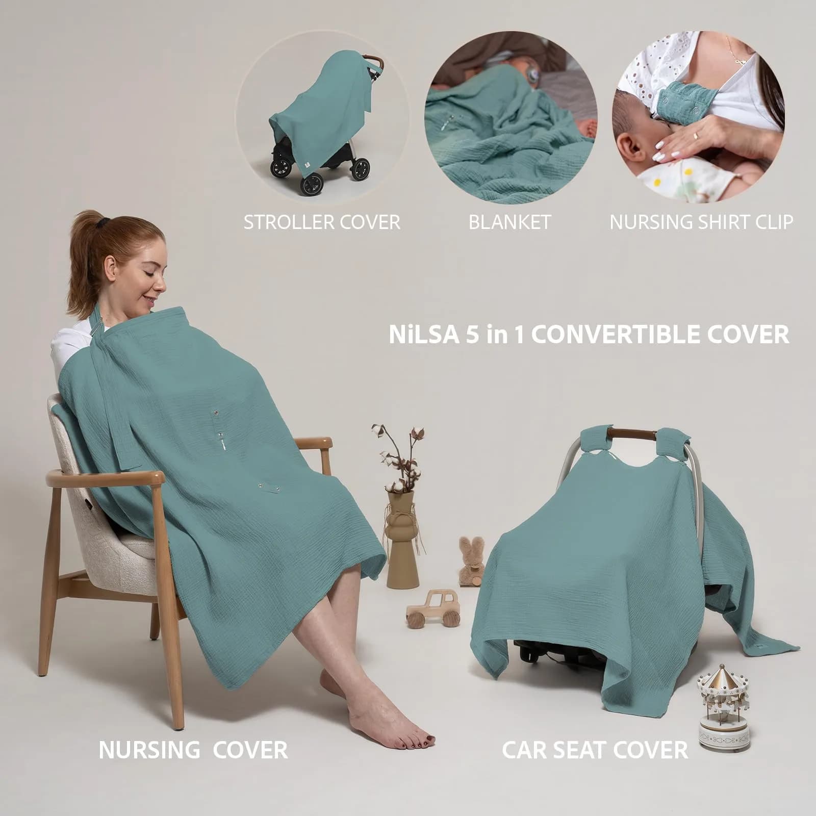 Nilsa Mint Green Muslin Nursing Cover Apron - Breathable 100% Cotton Privacy for Breastfeeding - view 2