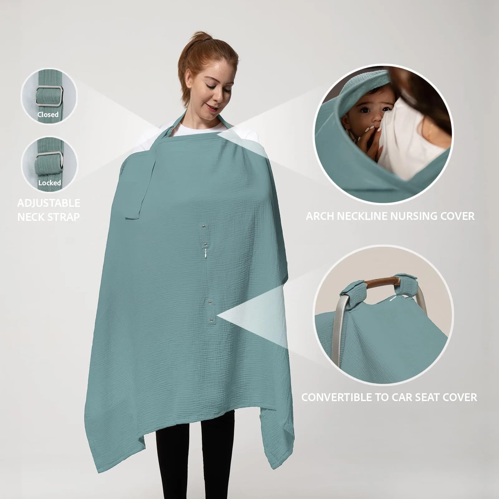 Nilsa Mint Green Muslin Nursing Cover Apron - Breathable 100% Cotton Privacy for Breastfeeding - view 3