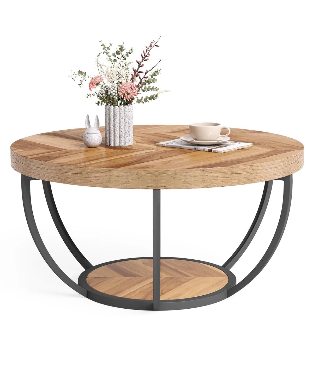 LITTLE TREE Round Coffee Table 32" Diameter | Classic Farmhouse Style with Solid Wood & Metal Support