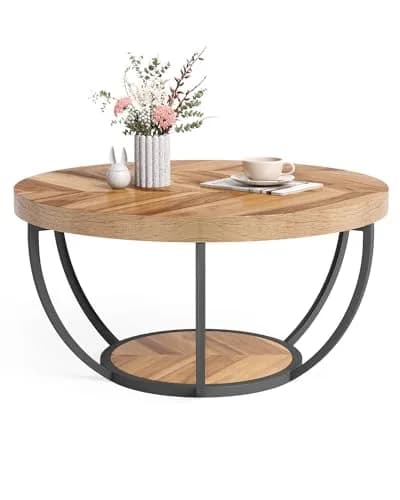 LITTLE TREE Round Coffee Table 32" Diameter | Classic Farmhouse Style with Solid Wood & Metal Support thumbnail 1