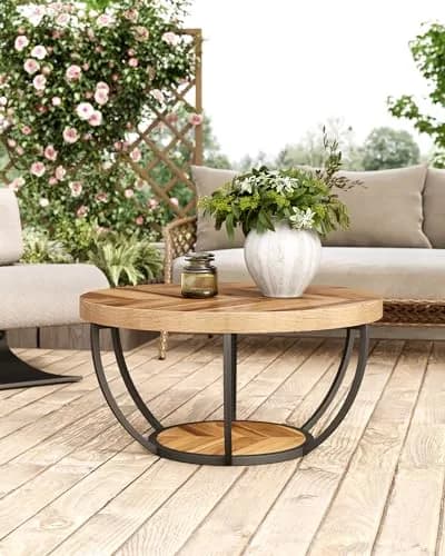 LITTLE TREE Round Coffee Table 32" Diameter | Classic Farmhouse Style with Solid Wood & Metal Support thumbnail 4