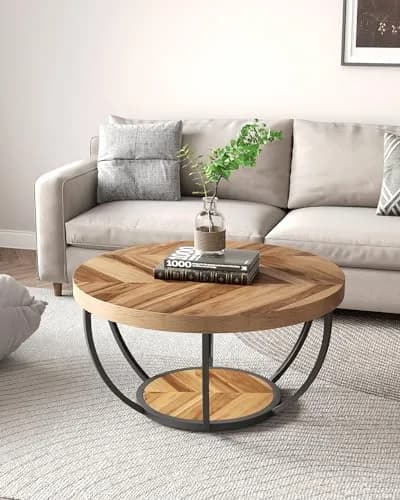 LITTLE TREE Round Coffee Table 32" Diameter | Classic Farmhouse Style with Solid Wood & Metal Support thumbnail 2