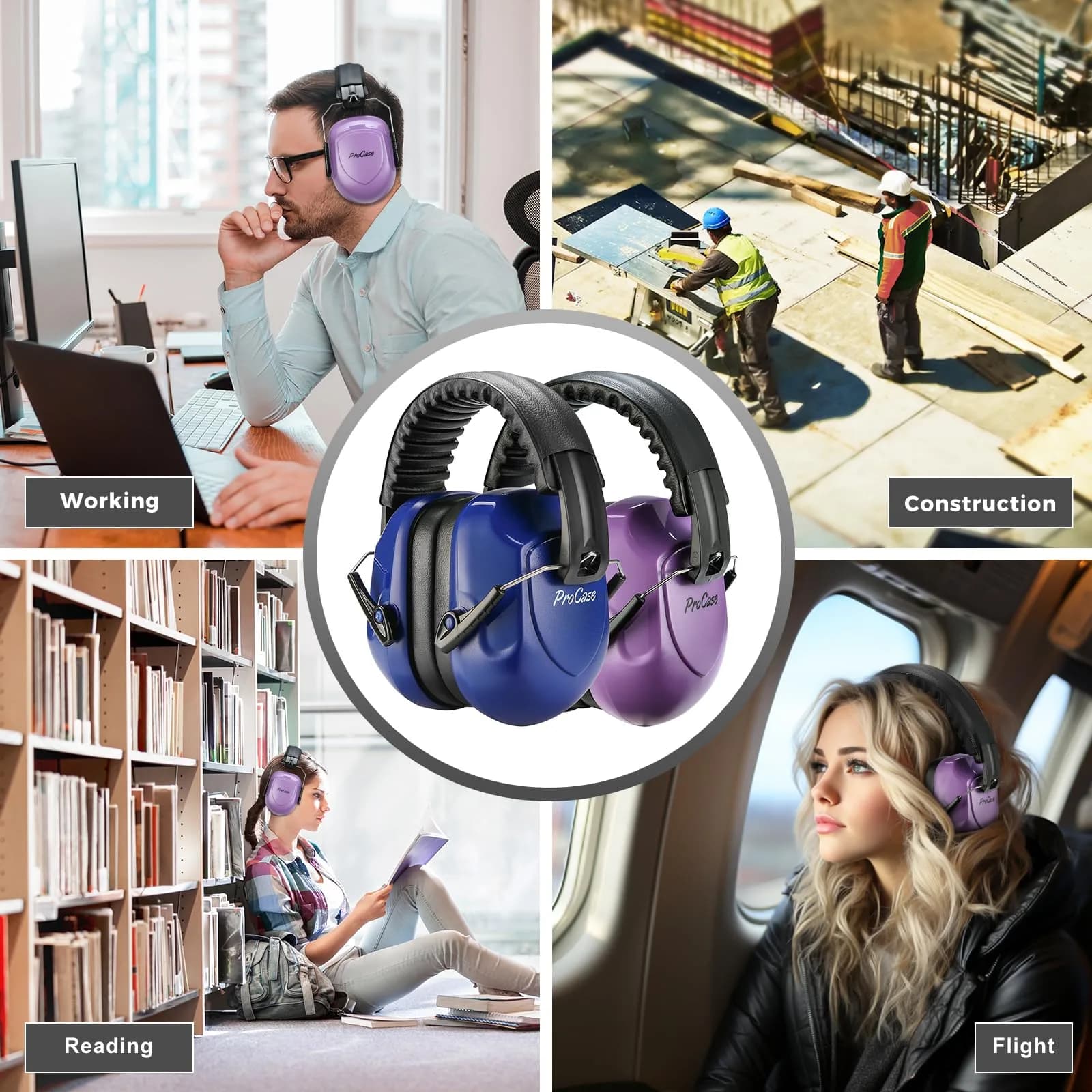 ProCase NRR 28dB Passive Noise Reduction Earmuffs (2-Pack, Purple & Navy) | ANSI S3.19 Certified for Shooting, Construction, Study - view 6