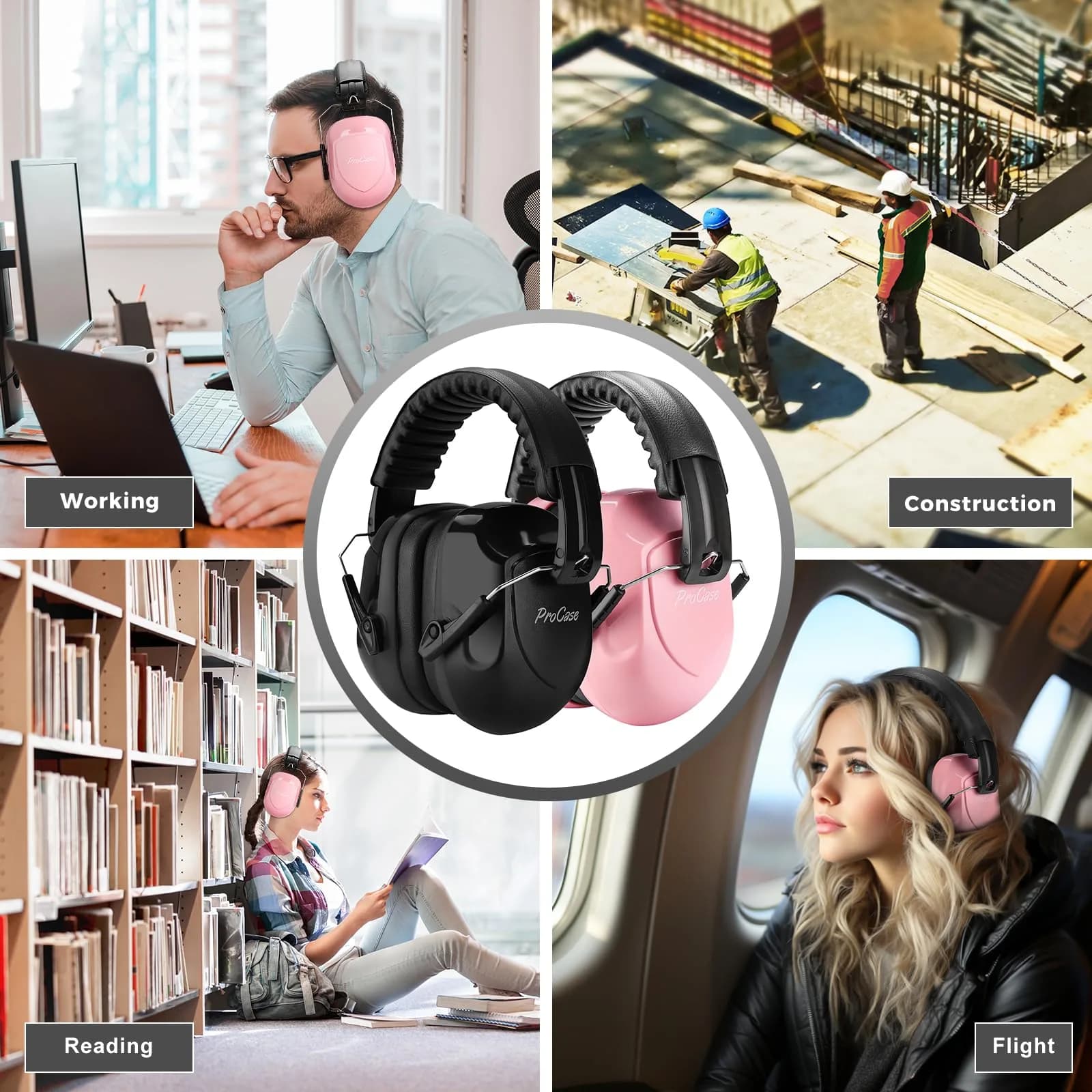 ProCase NRR 28dB Passive Noise Reduction Earmuffs (2-Pack, Pink & Black) | ANSI S3.19 Certified for Shooting, Construction, Study - view 7