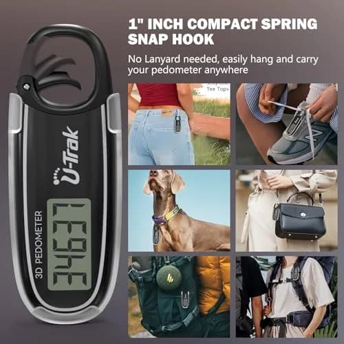 U-Trak 3D Pedometer for Walking with Clip & Carabiner, Simple Step Counter 2.54 cm (1 inch) | Accurate Step Tracker for Men Women Kids thumbnail 5