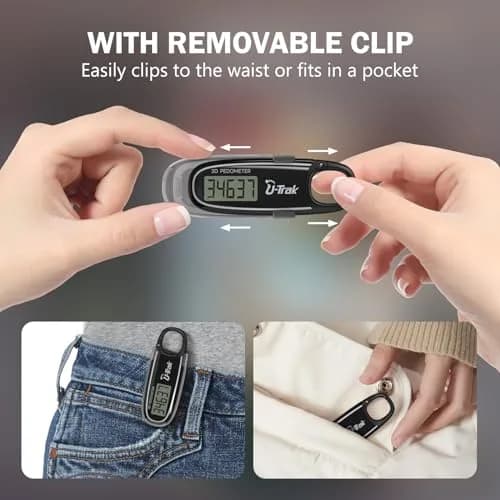 U-Trak 3D Pedometer for Walking with Clip & Carabiner, Simple Step Counter 2.54 cm (1 inch) | Accurate Step Tracker for Men Women Kids thumbnail 6