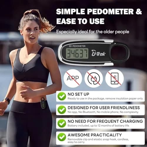 U-Trak 3D Pedometer for Walking with Clip & Carabiner, Simple Step Counter 2.54 cm (1 inch) | Accurate Step Tracker for Men Women Kids thumbnail 2