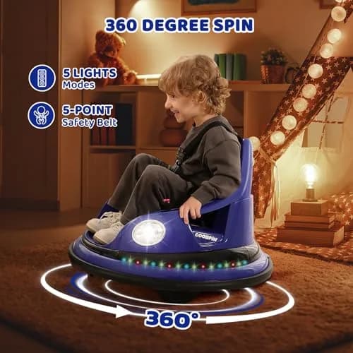 ELEMARA Electric Bumper Car for Kids 12V | Max 1.9MPH, Parent Remote, 2 Modes, Music, Lighting, Navy thumbnail 4